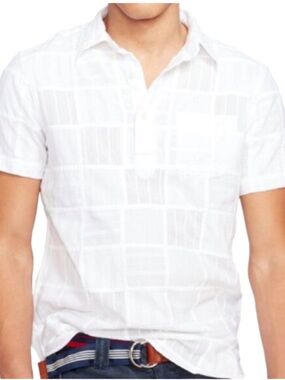 Ralph Lauren Mens White “Patchwork Main Beach”3/4 Button Down Shirt Sz L EUC